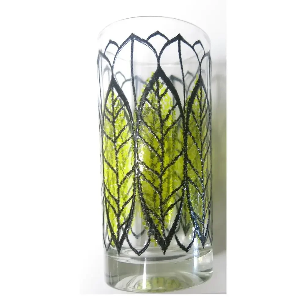 Vintage Continental Can Co Glasses Set 4 Stained Glass Leaf Gold Rim Retro